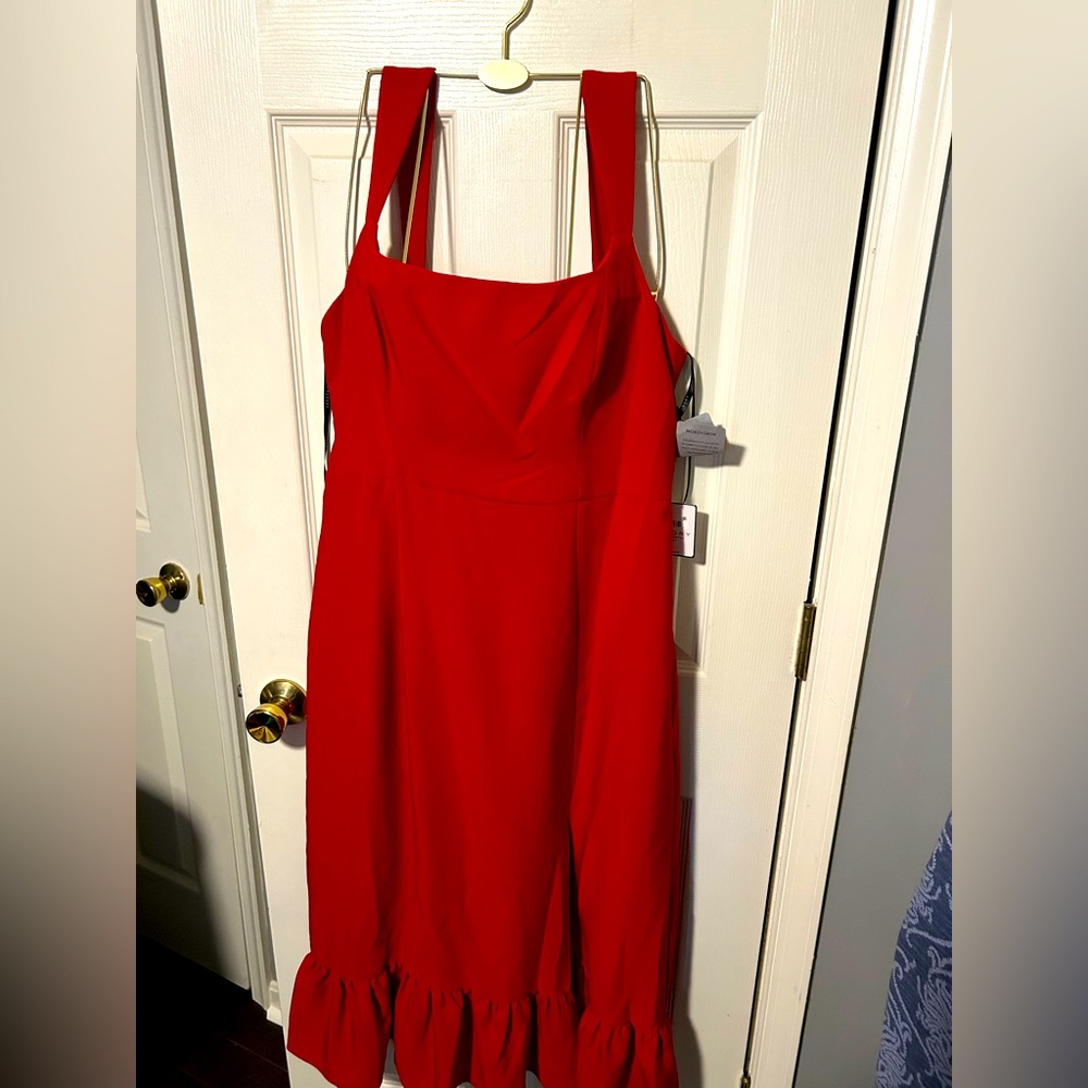 Red Chinese Laundry dress, small side split, ruffle hem